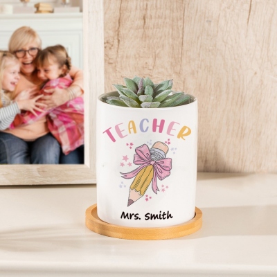 Personalized Pink Coquette Bow Pencil Teacher Plant Pot, Ceramic Pot with Wooden Tray, Back to School/Teacher's Day/Appreciation Gift for Teachers
