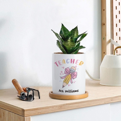 Customized pink bow pencil teacher flower pot
