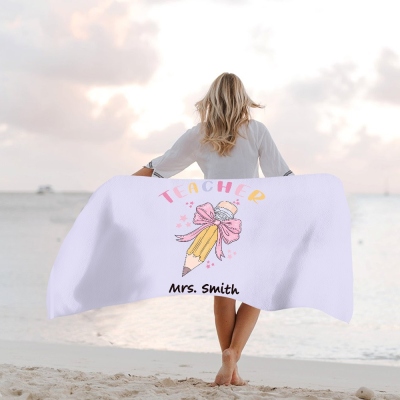 Personalized Pink Coquette Bow Pencil Beach Towel with Teacher's Name, Teacher's Soft Towel, Teacher's Day/Appreciation/Christmas Gift for Teachers