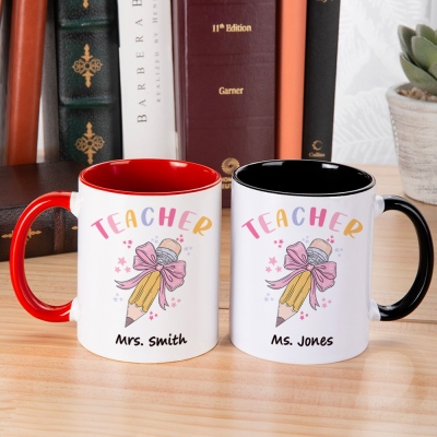 Personalized pink bow pencil teacher mug