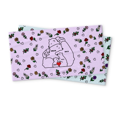 Custom Name Family Bears Beach Towel with Birth Flowers, Multicolor Super Absorbent Quick Dry Soft Towel, Mother's Day/Christmas Gift for Mom/Grandma
