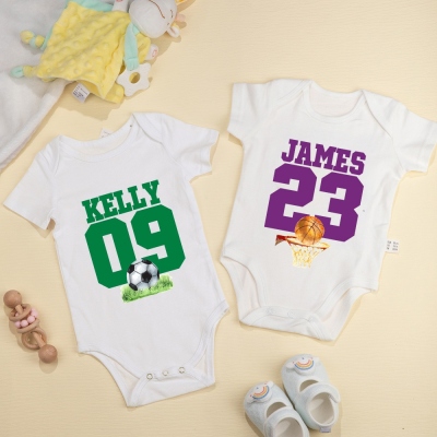 Personalized Name & Number Ball Sports Babygrow,100% Cotton Unisex Short/Long Sleeve Baby Onesies, Mother's Day Gift for Newborn/Infants/New Moms