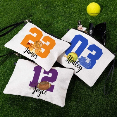 Personalized Ball Games Makeup Bag with Name & Number, Portable Linen Cosmetic Pouch with Zipper & Wrist Strap, Gift for Teammate/Coach/Sports Lover