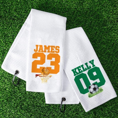 Personalized Name & Number Ball Game Towel, Cotton Gym Towel with Hanging Clip, Highly Absorbent Sports Towel, Gift for Players/Sports Fans/Teammates