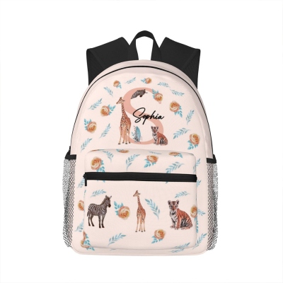 Custom Name Safari Jungle Animals Kid's Backpack, Oxford Cloth Two-Way Zippers Bag with Side Pockets, Birthday/Christmas Gift for Boys/Girls/Kids