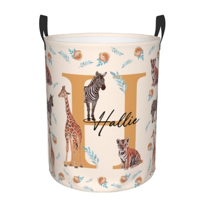 Custom Name Safari Jungle Animals Storage Basket, Waterproof Oxford Cloth Laundry Basket, Household Storage for Clothes & Toys, Gift for New Mom/Kids