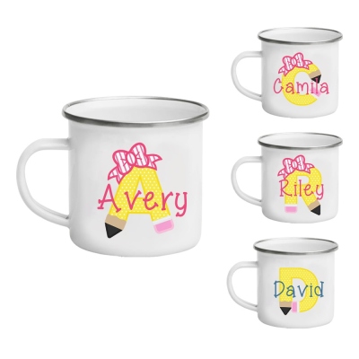 Personalized Name & Initial Pencil Pink Bow Enamel Mug, 11oz Children's Water Cup, Shatterproof Mug with Handle, Back to School/Birthday Gift for Kids