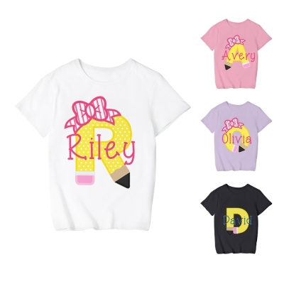 Custom Name & Initial Pencil Pink Bow T-shirt, 100% Cotton School Days Tee Top, Birthday/Children's Day/Back to School Gift for Kids/Teens/Students