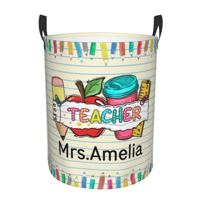 Personalized Name Teacher's Storage Basket, Pencil Apple Ruler Design Toy/Book Organizer, Teacher's Day/Appreciation/Back to School Gift for Teachers