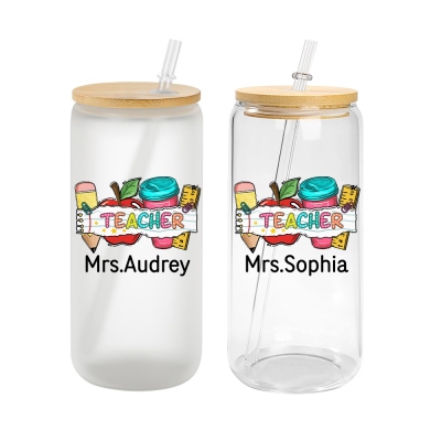 Custom Name Pencil Apple Ruler Design Tumbler, Frosted/Clear Glass Cup with Bamboo Lid and Straw, Teacher's Day/Back to School Gift for Teachers