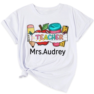 Personalized Teacher T-shirt with Name, Pencil Apple Ruler Design 100% Cotton T-Shirt, Back to School/Teacher's Day/Appreciation Gift for Teachers