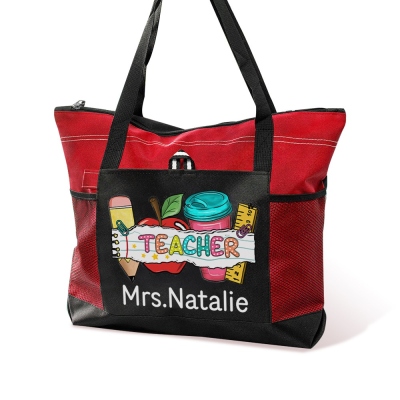 Custom Name Teacher's Bag, Pencil Apple Oxford Cloth Large Capacity Zippered Tote Bag with Mesh Pocket, Back to School/Appreciation Gift for Teachers