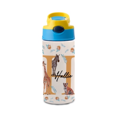 Personalized Safari Jungle Animals Water Bottle with Name, 350ml Stainless Steel Kid's Bottle with Straw, Birthday/Christmas Gift for Boys/Girls/Kids