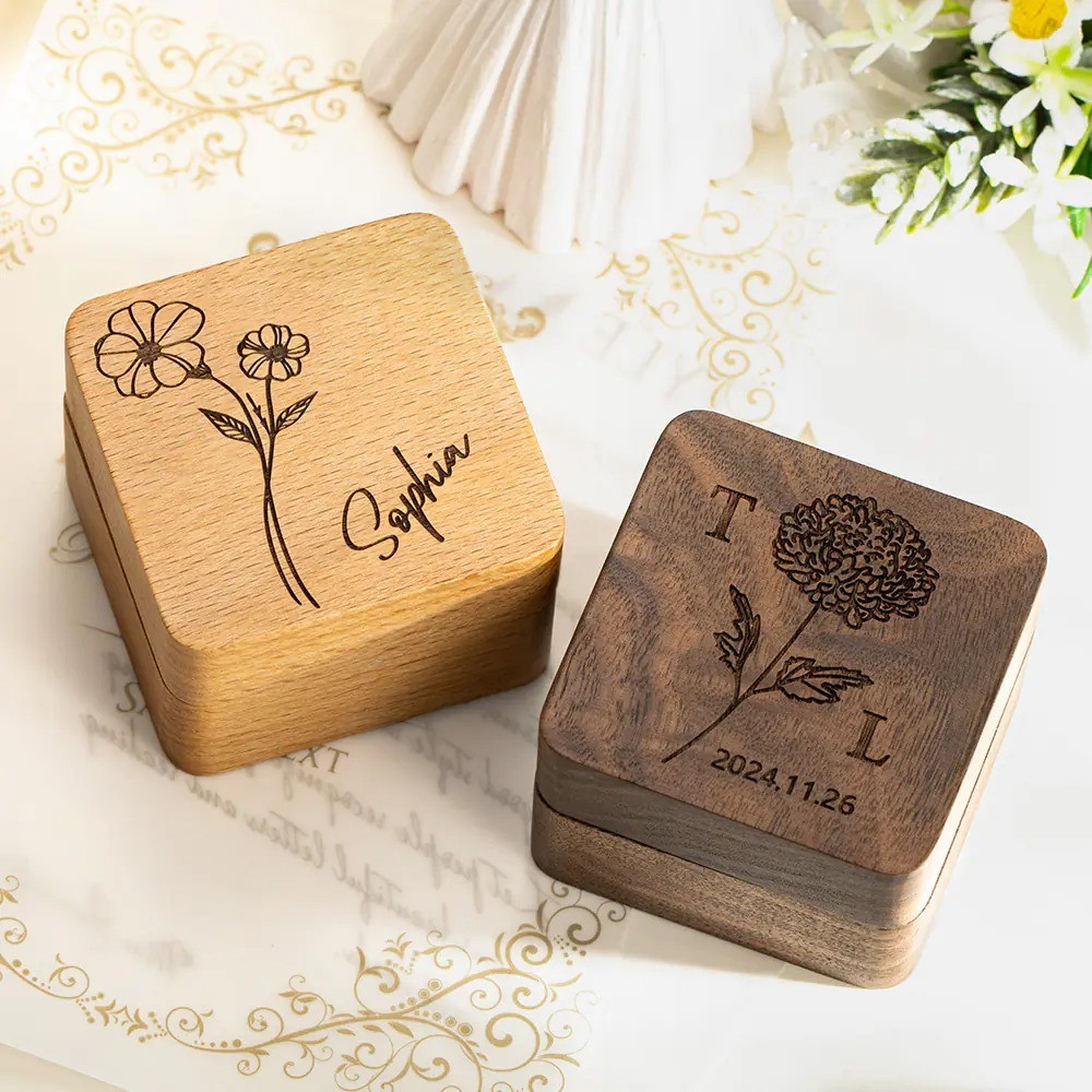 Personalized Wooden Engraved Birth Flower Ring Box, Engagement Proposal Ring Holder for 2 Rings, Wedding/Valentine's Day Gift for Couple/Newlywed