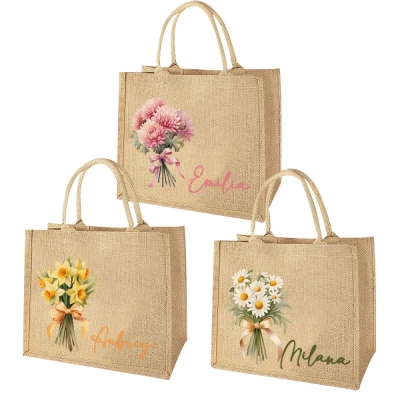 Personalized Name Birth Flower Burlap Tote Bag, Women's Jute Bag with Handle, Grocery Shopping Bag Beach Bag, Gift for Mom/Her/Friends/Bridesmaids