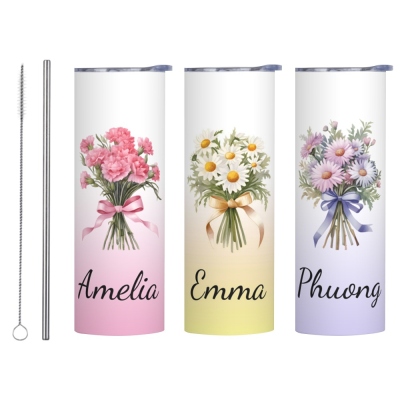 Personalized Name Birth Flower Tumbler, Stainless Steel 20oz Travel Mug with Straw, Birthday/Christmas/Wedding Gift for Family/Friends/Bridesmaids