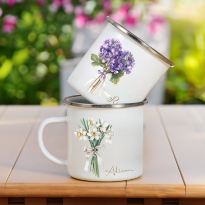 Personalized Name Watercolor Birth Month Flower Mug, 11oz Enamel Mug, Wedding Favor, Birthday/Bridesmaid/Mother's Day Gift for Her/Family/Friend