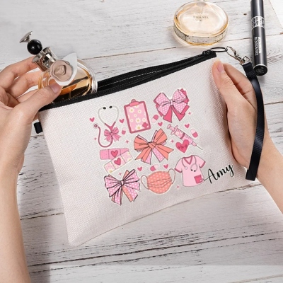 Personalized Name Pink Coquette Bow Nurse Cosmetic Bag, CMA/CNA/MD Travel Makeup Pouch with Zipper & Wrist Strap, Gift for Doctor/Nurse/Medical Staff