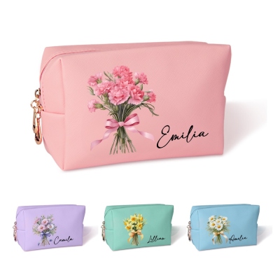 Personalized Name Birth Flower Toiletry Bag, PU Leather Travel Makeup Pouch with Zipper, Birthday/Wedding/Christmas Gift for Her/Best Friends/Bride