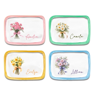 Custom Name Birth Flower Clear PVC Makeup Bag, Women's Travel Cosmetic Bag with Zipper, Birthday/Christmas/Wedding Gift for Her/Best Friends/Bride