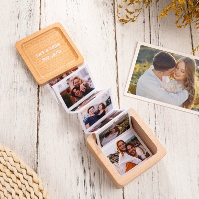 Personalized Pull Out Photo Album, Folding Photo Frame in Wooden Box, Memory Collection Keepsake, Anniversary/Christmas Gift for Family/Friends/Lover