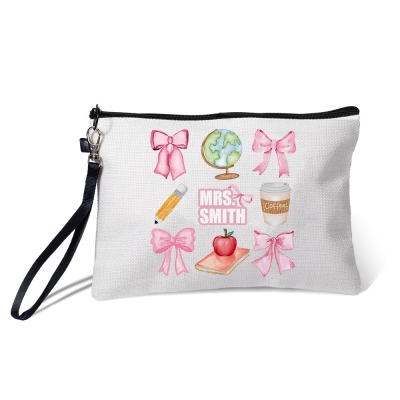 Sac cosmétique personnalisé pour enseignant avec nom, pochette de maquillage en lin avec fermeture éclair et dragonne, journée de l'enseignant/appréciation/cadeau de rentrée scolaire pour les enseignants