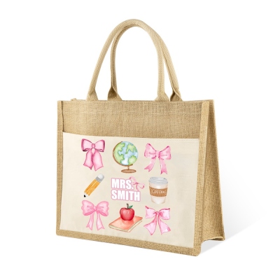 Sac en jute personnalisé pour professeur avec nœud rose, sac fourre-tout design globe pomme crayon de grande capacité, cadeau pour la journée de l'enseignant/appréciation/rentrée scolaire pour les enseignants