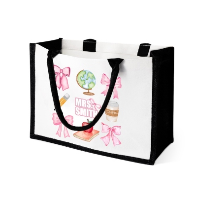 Personalisierte Lehrer-Canvas-Tasche mit rosa Schleife, große Bleistifttasche mit Apfel-Globus-Design, Lehrertag/Anerkennung/Schulanfangsgeschenk für Lehrer