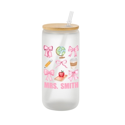 Custom Name Pink Bow Teacher Tumbler, Pencil Apple Globe Frosted/Clear Glass Cup with Bamboo Lid & Straw, Teacher's Day/Appreciation Gift for Teachers