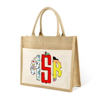 Personalized Doodle Monogram Jute Tote Bag, Teacher's Large Capacity Tote Bag with Handle, Teacher's Day/Appreciation/Christmas Gift for Teachers