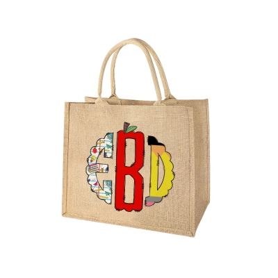 Personalized Doodle Monogram Jute Tote Bag, Pencil Apple Notebook Design Teacher's Jute Bag, Teacher's Day/Appreciation/Christmas Gift for Teachers