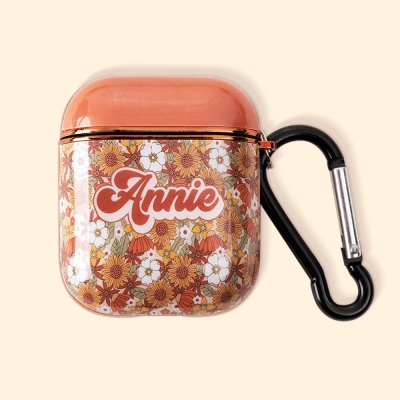 Coque pour AirPods avec nom personnalisé Groovy Flower compatible avec les AirPods 1/2/3 Pro, personnalisée Boho esthétique hippie années 70 Y2k mignonne coque transparente pour AirPod pour filles