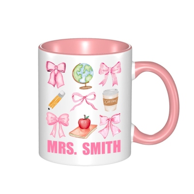 Custom Pink Bow Teacher Mug, 11oz Ceramic Mug, Pencil Apple Globe Design Teacher's Cup, Teacher's Day/Appreciation/Back to School Gift for Teachers