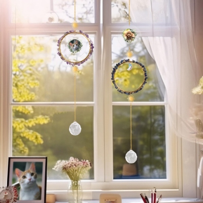 Personalisierter Sonnenfänger mit Foto-Kristallanhänger, personalisierter Haustier-Fotoornament mit Text, Heim-/Fensterdekoration, Beileidsgeschenk für Familie/Freund/Sie