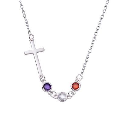 Personalized Multiple Birthstones Sideways Cross Necklace, Sterling Silver 925 Birthstone Jewelry, Birthday/Anniversary/Mother's Day Gift for Her
