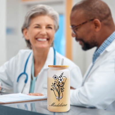 Custom Name Bow Birth Flower Stethoscope Glass Cup, 20oz Frosted Tumbler with Bamboo Lid and Straw, Appreciation Gift for Doctor/Nurse/Medical Staff