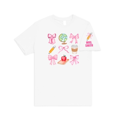 Personalisiertes T-Shirt/Sweatshirt mit rosa Schleife und Bleistift, Apfel-Globus-Design, Lehrertag/Anerkennung/Schulanfangsgeschenk für Lehrer