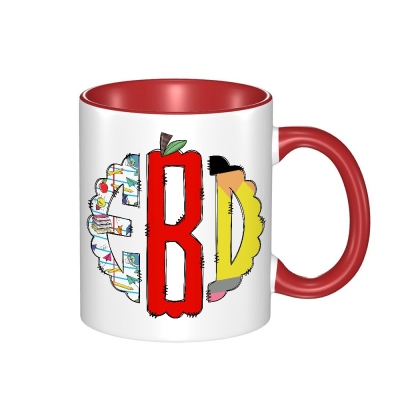 Personalized Doodle Monogram Mug, Notebook Pencil Apple Design 11oz Teacher's Ceramic Mug, Teacher's Day/Appreciation/Back to School Gift for Teachers