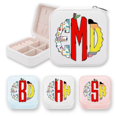 Boîte à bijoux personnalisée pour enseignant avec monogramme Doodle, étui à bijoux de voyage en cuir avec motif pomme, pour la fête des enseignants/cadeau de Noël pour les enseignants