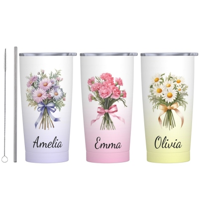 Personalized Name Birth Flower Tumbler, Stainless Steel 20oz Travel Mug with Straw, Birthday/Mother's Day Gift for Family/Friends/Bridesmaids