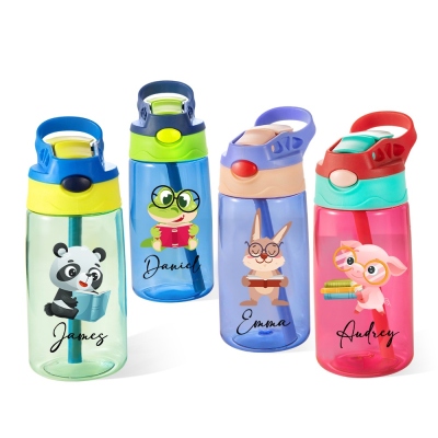 Personalized Cartoon Toddler Water Bottle with Name, 480ml Kid's Water Bottle With Straw, Birthday/Back to School Gift for Boys/Girls/Children