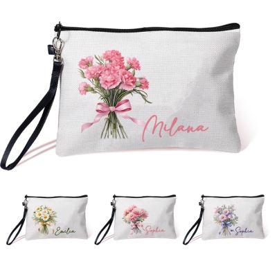 Custom Birth Flower & Name Cosmetic Bag, Linen Makeup Pouch with Zipper & Wrist Strap, Birthday/Wedding/Christmas Gift for Her/Best Friends/Bride