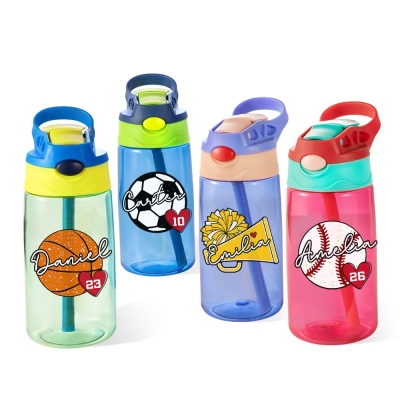 Custom Name & Number Ball Game Clear Water Bottle, 480ml PC Plastic Eco-friendly Bottle with Straw, Birthday/Christmas Gift for Kids/Sport Lovers