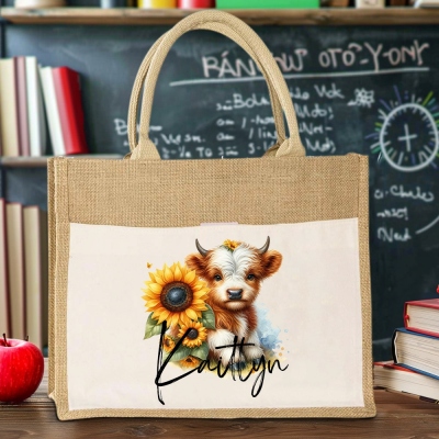 Personalized Name Sunflower Highland Cow Burlap Tote Bag, Large Capacity Jute Bag, Mother's Day/Birthday/Christmas Gift for Mom/Women/Cow Lover