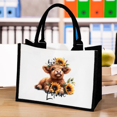 Nom personnalisé Tournesol Highland Cow Tote Bag, sac à provisions réutilisable en toile de grande capacité, cadeau de fête des mères/anniversaire pour maman/amant de vache/ami