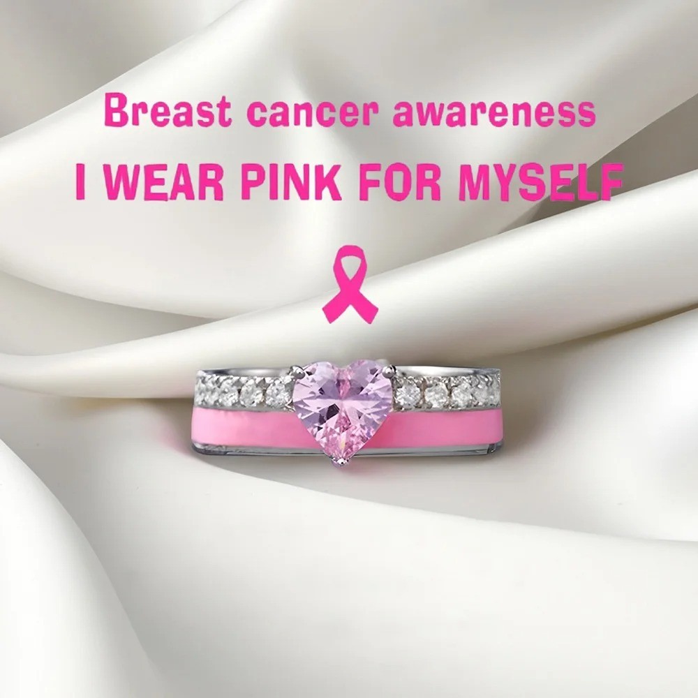 Custom I Wear Pink for Myself Heart Birthstone Ribbon Ring with Engraved Name and Affirmation Card, Cancer Awareness Survivor Ring Gifts for Women
