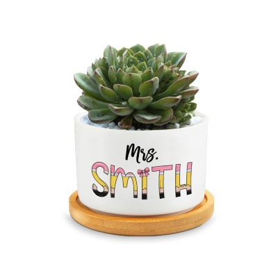 Personalized Name Pink Bow Pencil Teacher Plant Pot, Ceramic Pot with Wooden Tray, Back to School/Teacher's Day/Appreciation Gift for Teachers