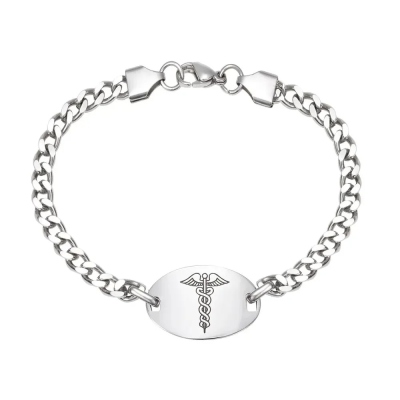 Custom Stainless Steel Caduceus Rod Medical Alert ID Bracelets with Engraving Text, Emergency Wristband, Gift for Diabetes Allergy Epilepsy Autism