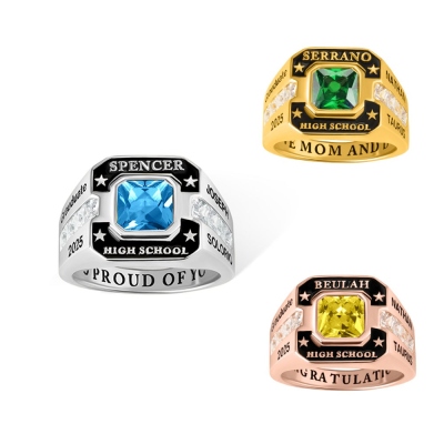 Gepersonaliseerde Square Birthstone Class Memorial Ring, Custom Message High School/College Graduation Ring 2024, Cadeau voor afgestudeerden/klasgenoten/studenten