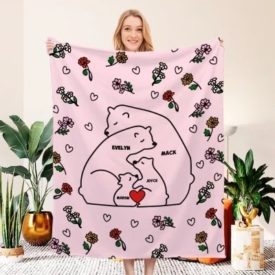 Custom Name Family Bears Bears Soft Flannel Fleece Blanket with Birth Flowers, Mother's Day/Birthday/Christmas Gift for Family